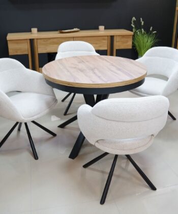 Kornelia Beige Chenille Swivel Chair – Black Metal, Built-in Arms