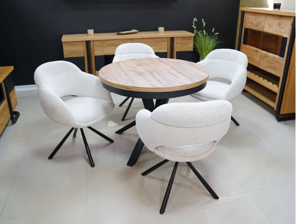 Kornelia Beige Chenille Swivel Chair – Black Metal, Built-in Arms
