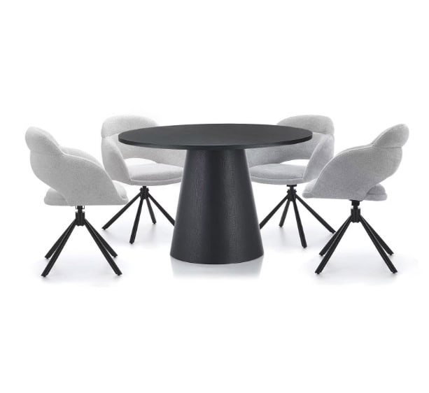 Kornelia Beige Chenille Swivel Chair – Black Metal, Built-in Arms