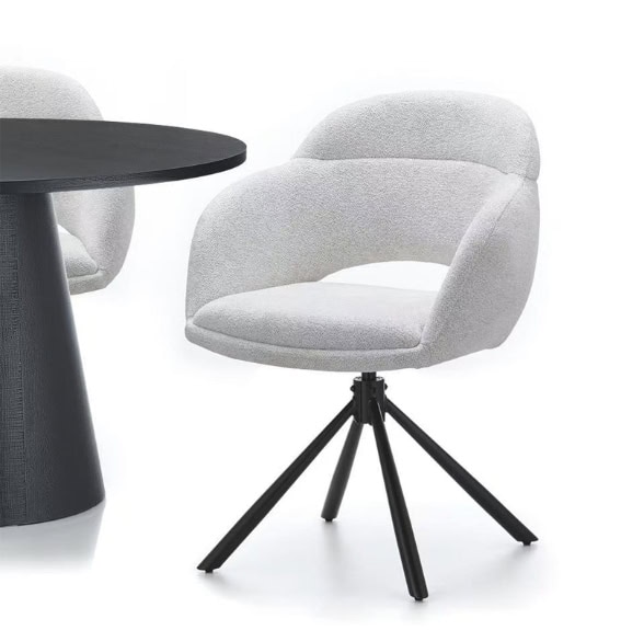 Kornelia Beige Chenille Swivel Chair – Black Metal, Built-in Arms