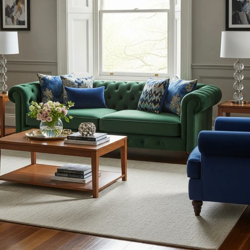 Luxurious velvet furniture in a stylish living room showcasing jewel tones and elegant decor
