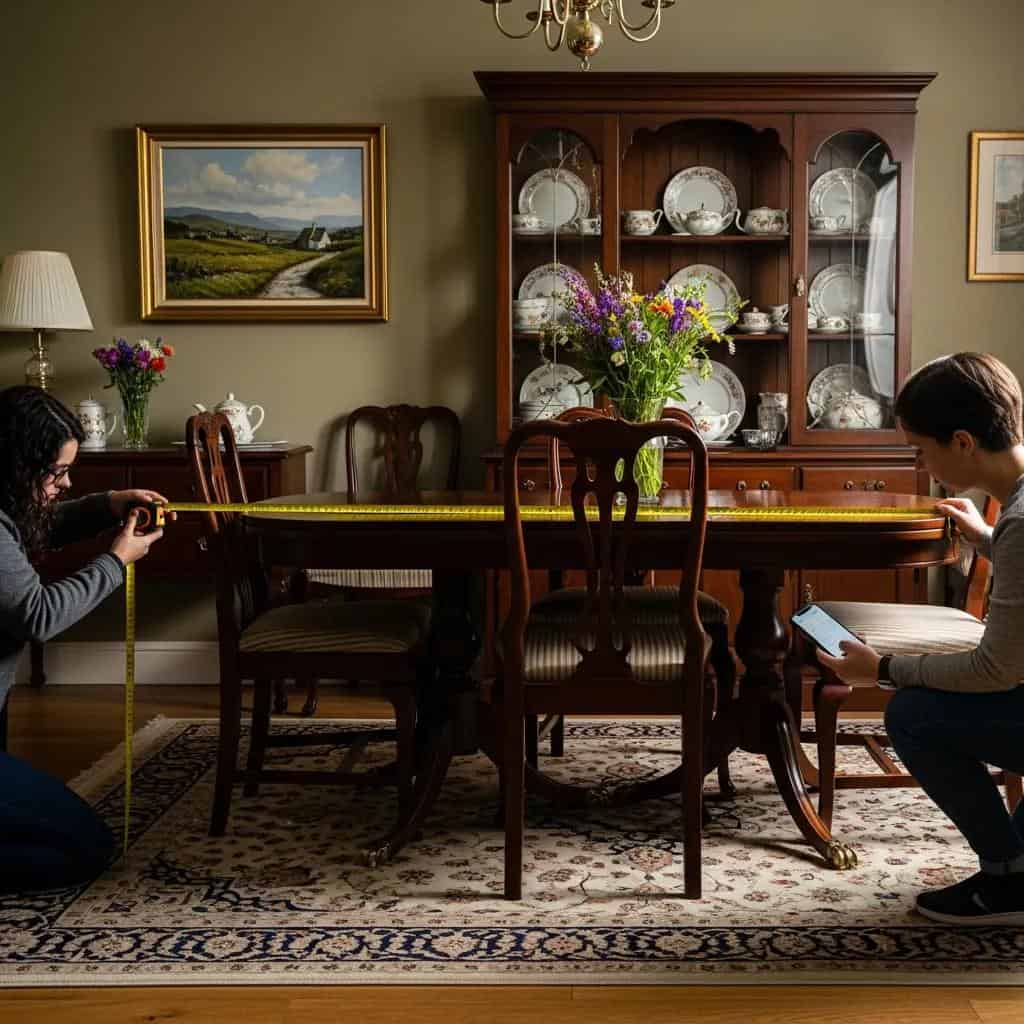 Couple measuring dining table dimensions in an Irish home, highlighting measurement techniques for selecting suitable dining furniture.