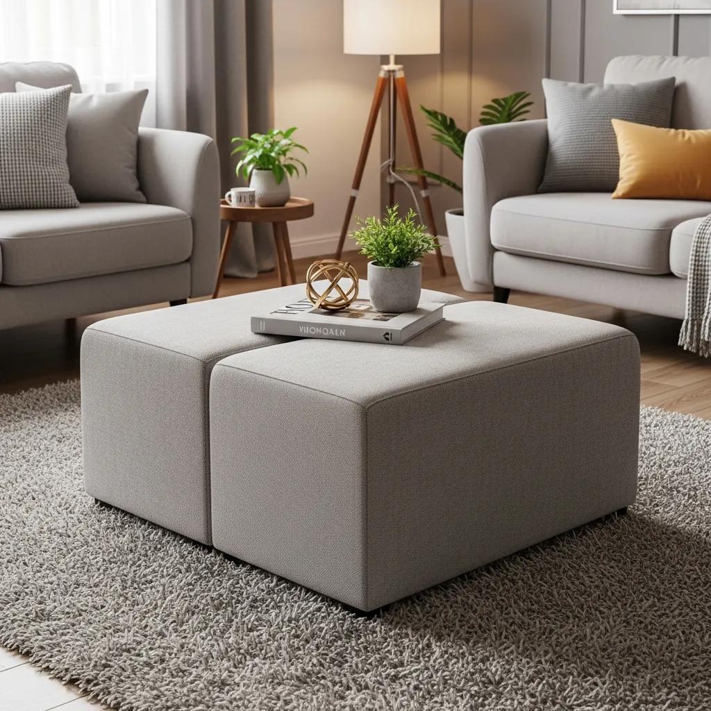 Modern living room with an ottoman serving as a coffee table, highlighting its dual functionality and inviting design