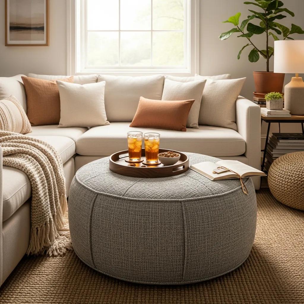 Multifunctional pouffe used as a footrest and coffee table in a cozy living room setting, illustrating its versatility