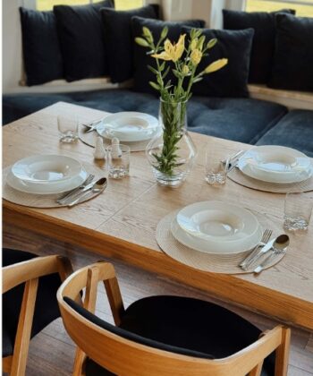 Oak Dining Armchair – Grey Plush Upholstered, Stackable