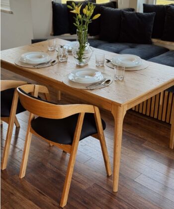 Oak Dining Armchair – Grey Plush Upholstered, Stackable