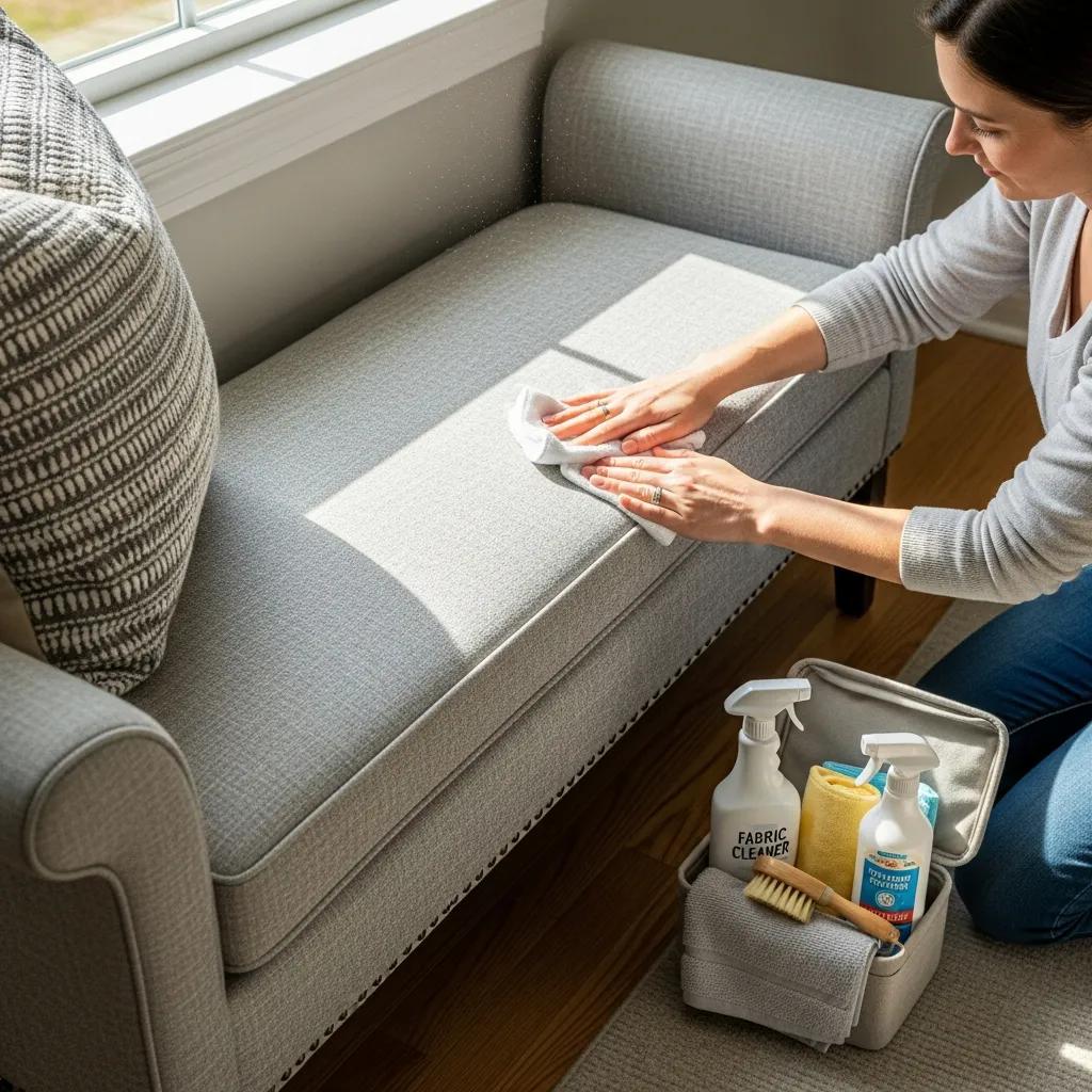 Person cleaning an upholstered hallway bench, highlighting maintenance and care for fabric furniture