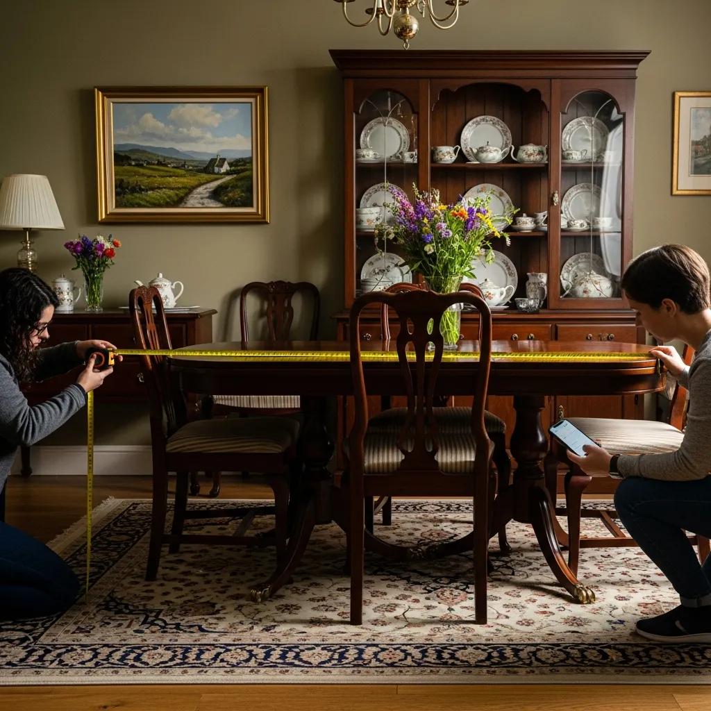 Person measuring dining room space with a tape measure and another person using a tablet, surrounded by a wooden dining table and decorative cabinet in an Irish home setting.