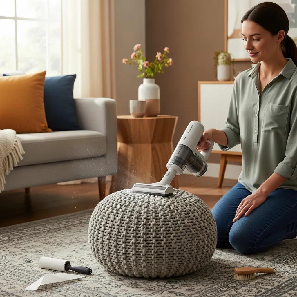Vacuuming a pouffe in a bright living room — a quick maintenance habit