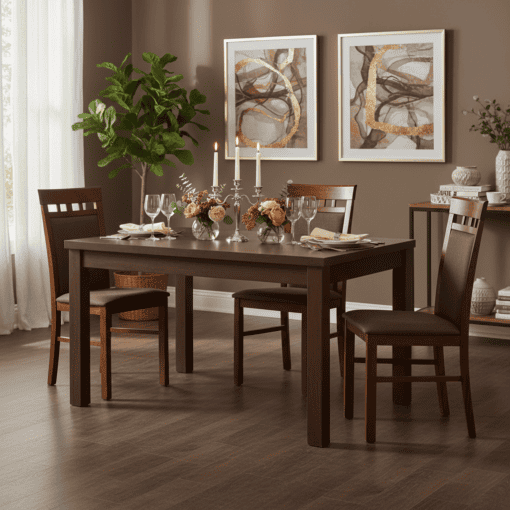 Vento Modern Extendable Dining Table in dark walnut finish, set with elegant tableware and floral centerpiece, surrounded by four matching chairs in a cozy dining room setting.