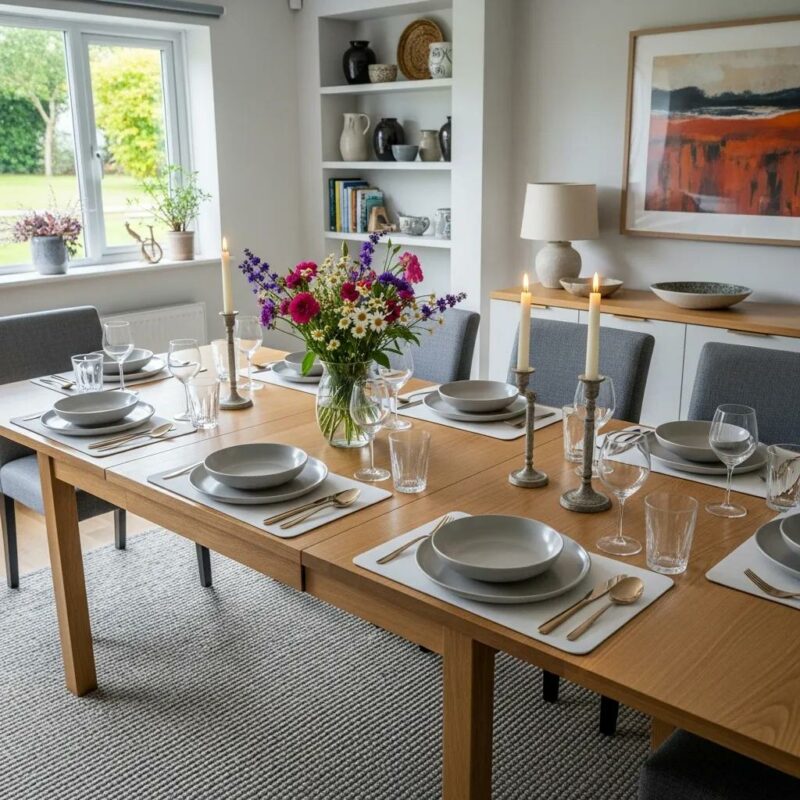 Stylish extendable dining table set in a modern Irish home, showcasing elegance and versatility