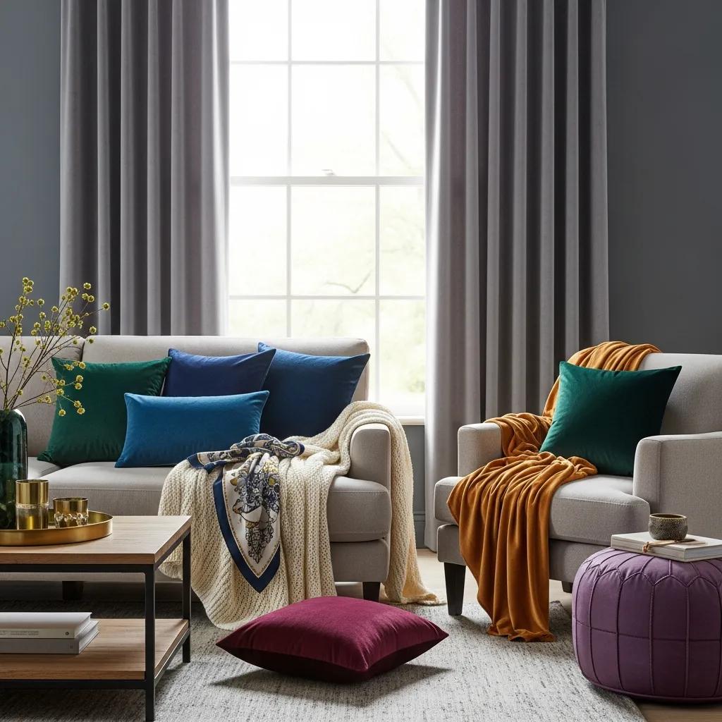 Stylish living room with velvet accessories enhancing decor through texture and color coordination