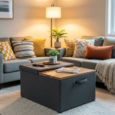 Stylish multi-functional ottoman in a cozy small living room, showcasing its versatility and storage capabilities