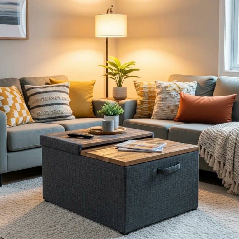 Stylish multi-functional ottoman in a cozy small living room, showcasing its versatility and storage capabilities