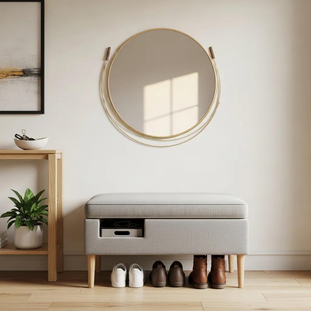 Stylish ottoman in an entryway, providing seating and storage, enhancing the space's functionality and decor