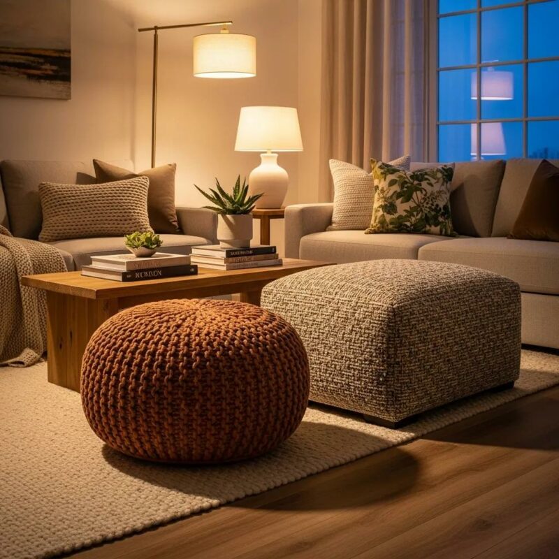 Stylish pouffe and ottoman set in a cozy living room, enhancing home decor