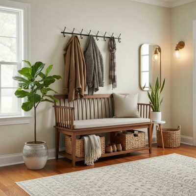 Stylish wooden hallway bench in a welcoming entryway with storage and decorative elements