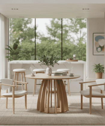 The Aurora Modern Round Dining Table Natural Sculptural Base