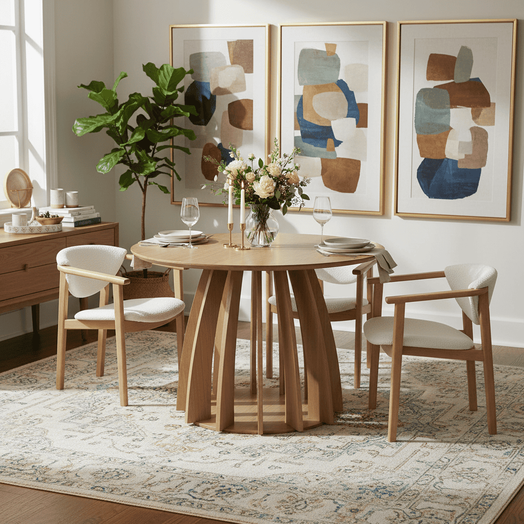 The Aurora Modern Round Dining Table Natural Sculptural Base