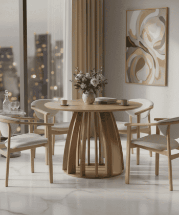 The Aurora Modern Round Dining Table Natural Sculptural Base