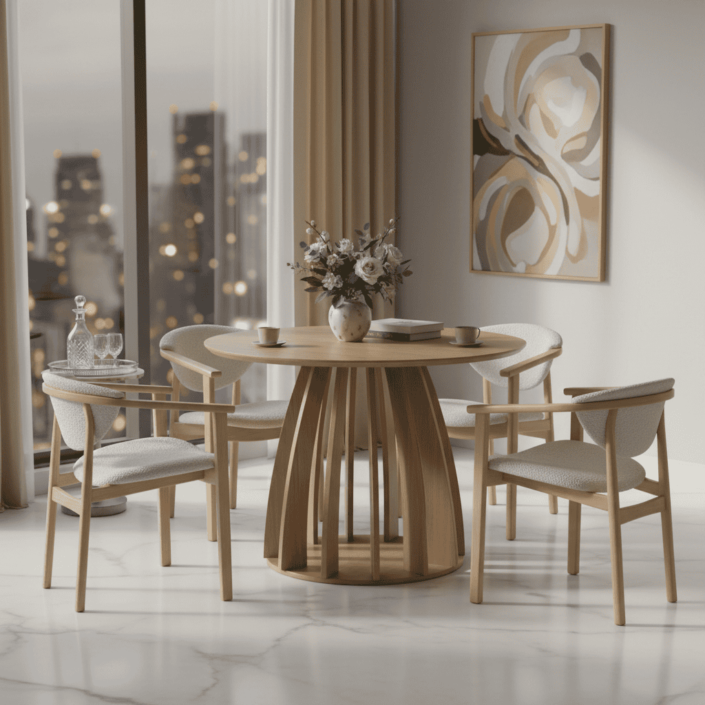 The Aurora Modern Round Dining Table Natural Sculptural Base