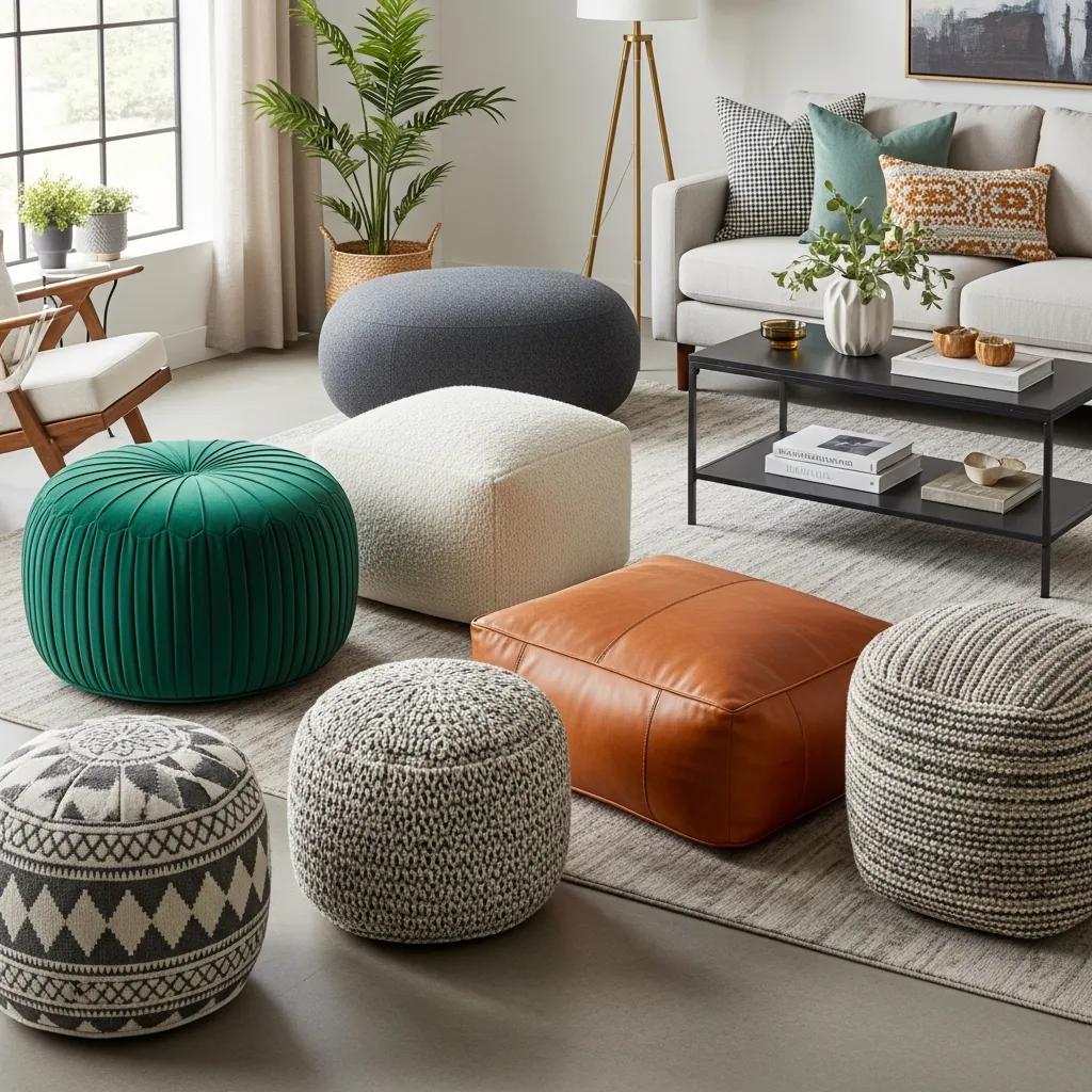 Variety of pouffes in different materials and shapes displayed in a stylish living room, showcasing their design versatility
