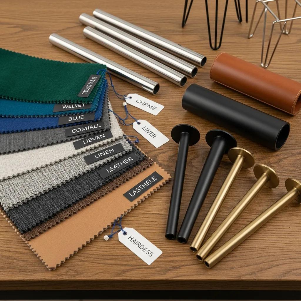 Variety of upholstery fabrics and leg styles for custom footstools, illustrating personalization options at PouffeLOVE