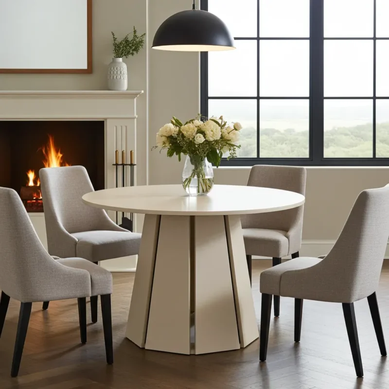 Modern dining room with a round table, four upholstered chairs, and a vase of flowers.