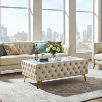 Modern living room with a tufted beige sofa, glass-top coffee table, and city skyline view.