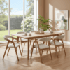 Elegant wooden dining table with comfortable chairs in a bright, airy room.