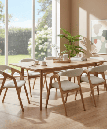 Elegant wooden dining table with comfortable chairs in a bright, airy room.