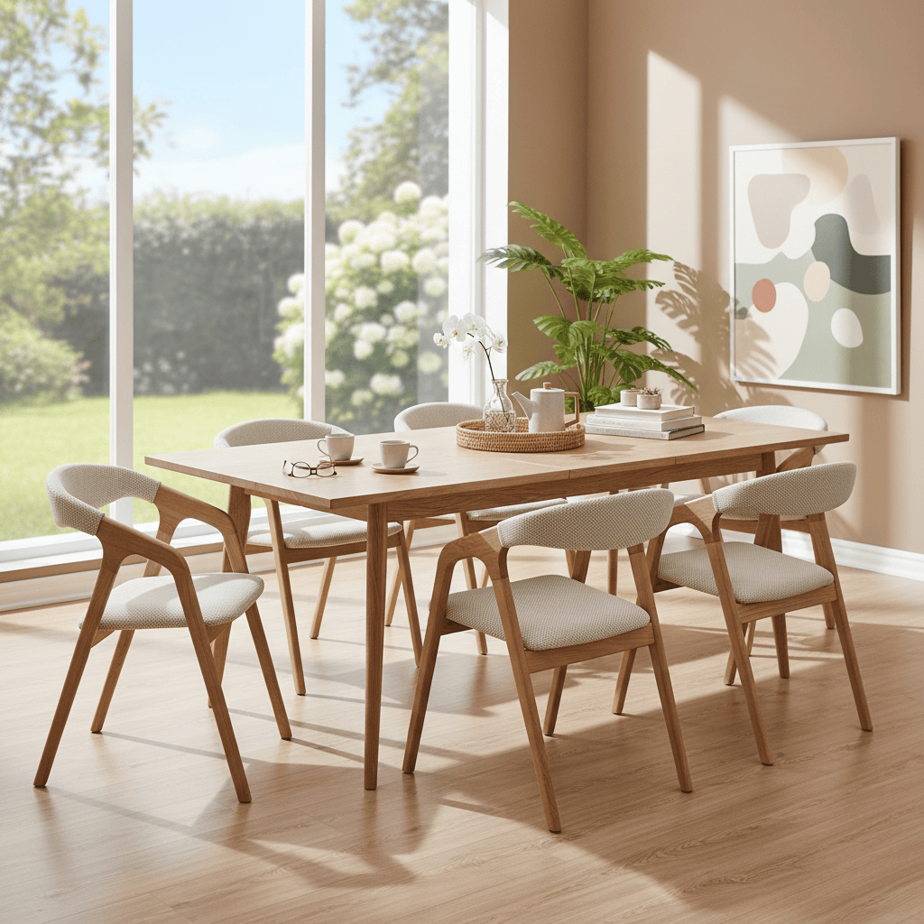 Elegant wooden dining table with comfortable chairs in a bright, airy room.