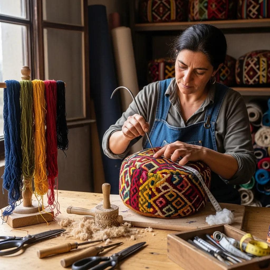 Artisan hand-stitching a pouffe using traditional techniques and careful attention to detail