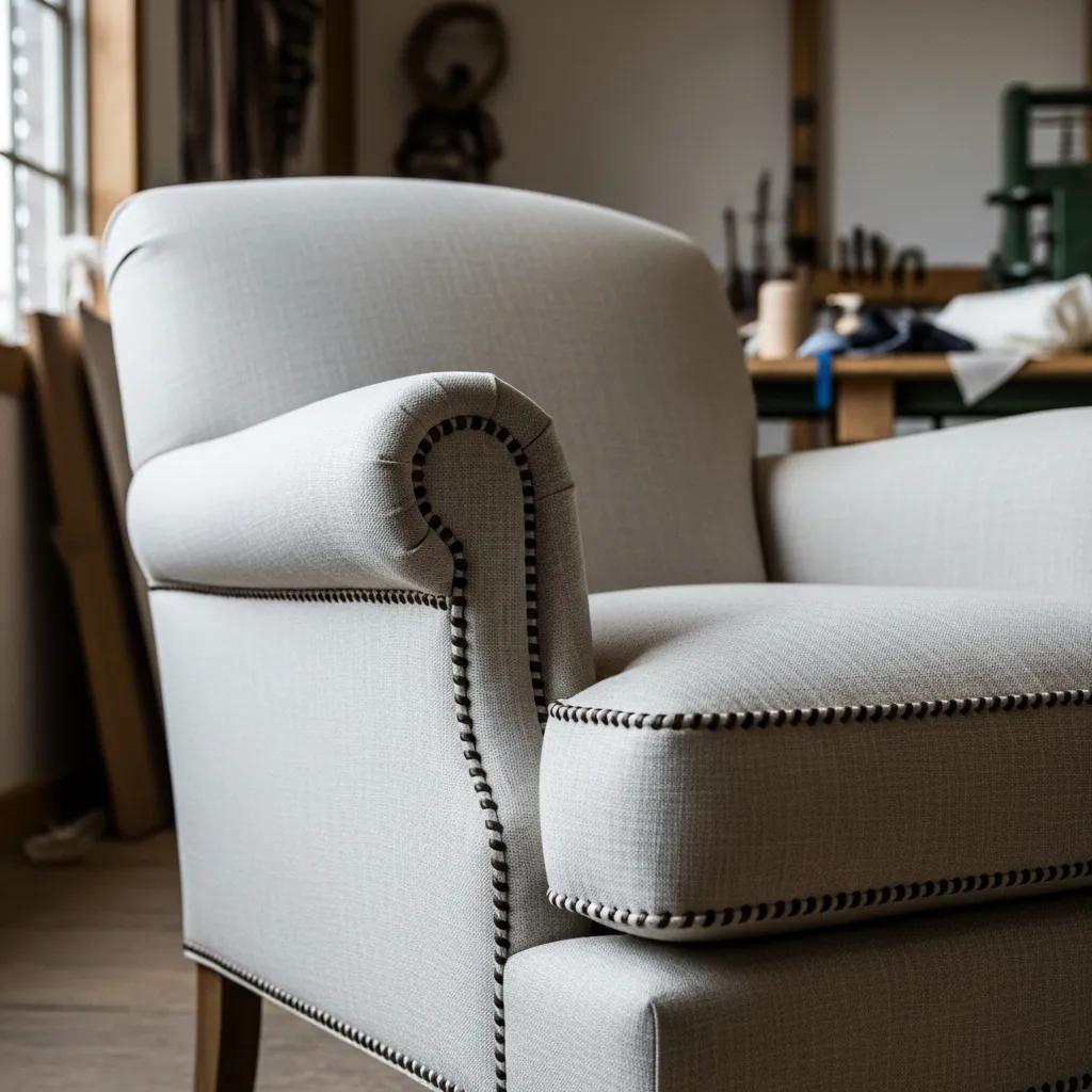 Close-up of a handcrafted upholstered armchair showcasing detailed craftsmanship and quality materials