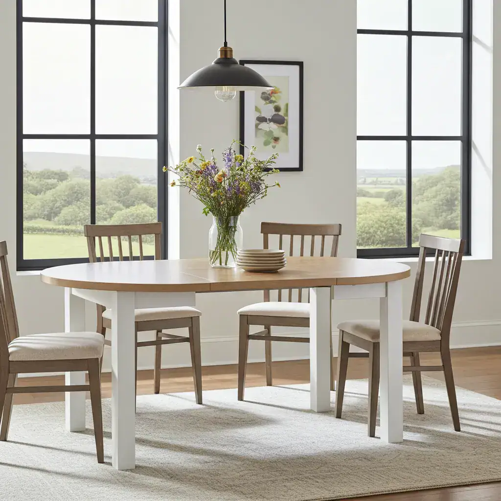 Compact dining corner using folding chairs and vertical storage to maximise floor space