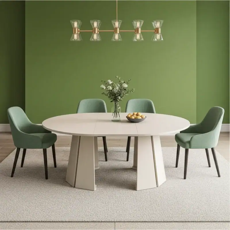 Comparison of oak and walnut veneer dining tables, showcasing their distinct colors and styles in a modern interior