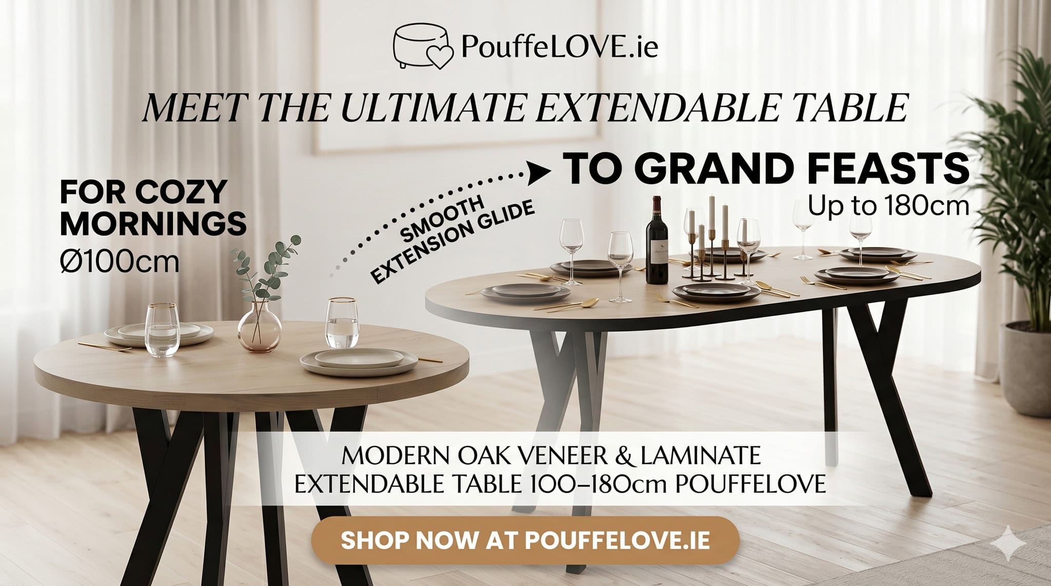 Extendable oak veneer table with smooth extension glide, up to 180cm, perfect for cozy mornings and.