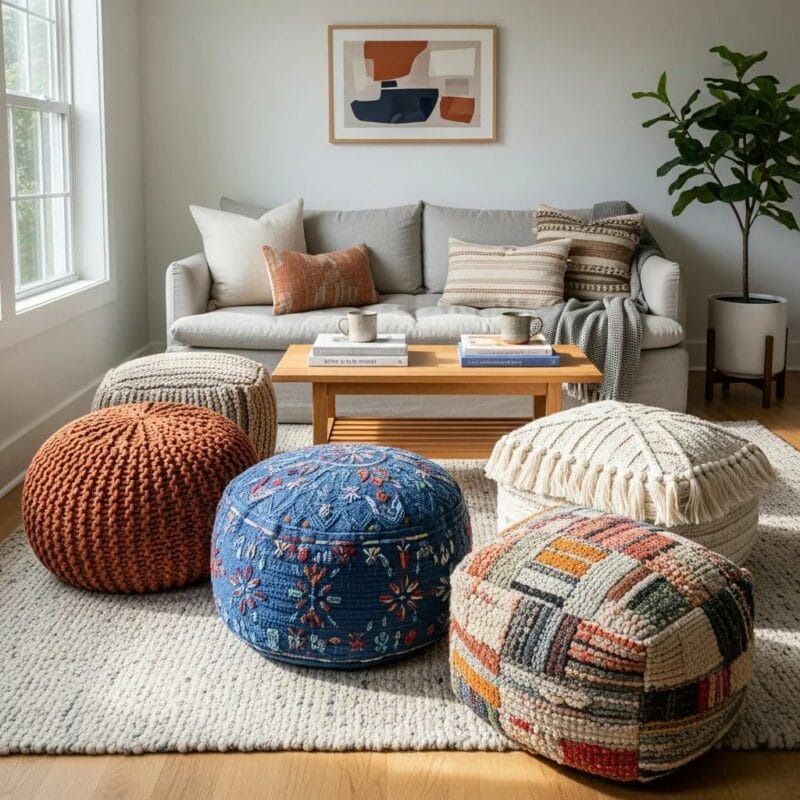Handcrafted pouffes in a stylish living room, highlighting artisanal quality and unique charm