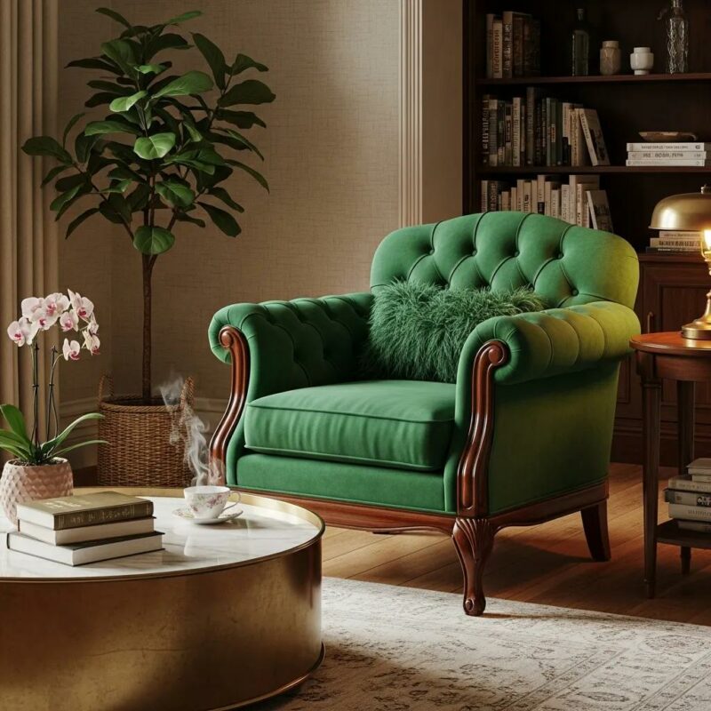 Luxurious bespoke armchair in a stylish living room, highlighting craftsmanship and design