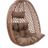 Relaxing hanging egg chair with cushions, perfect for outdoor or indoor lounging.