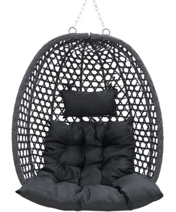 Relaxing hanging egg chair with cushions, perfect for outdoor or indoor lounging. Stylish black wick.