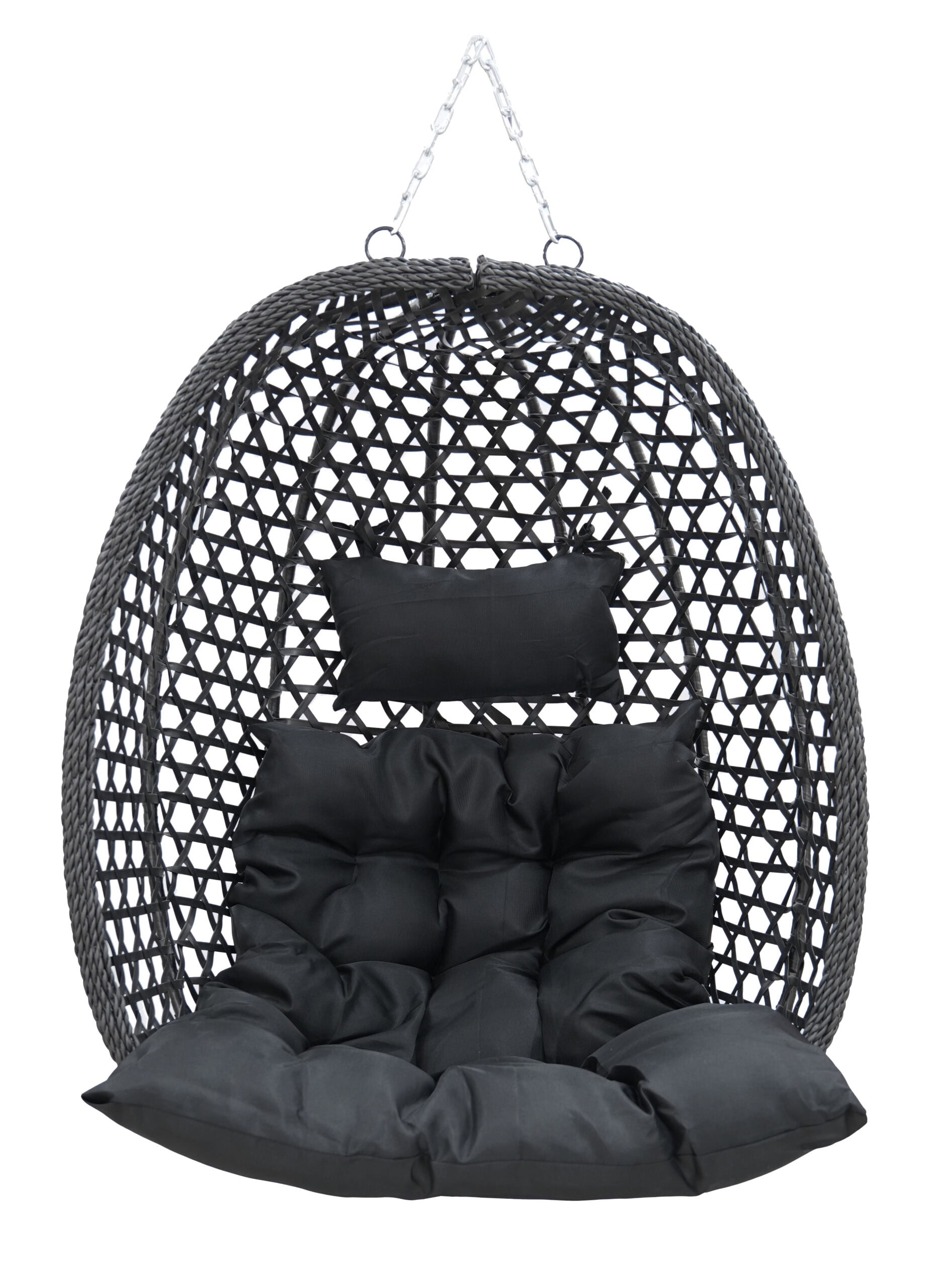 Relaxing hanging egg chair with cushions, perfect for outdoor or indoor lounging. Stylish black wick.