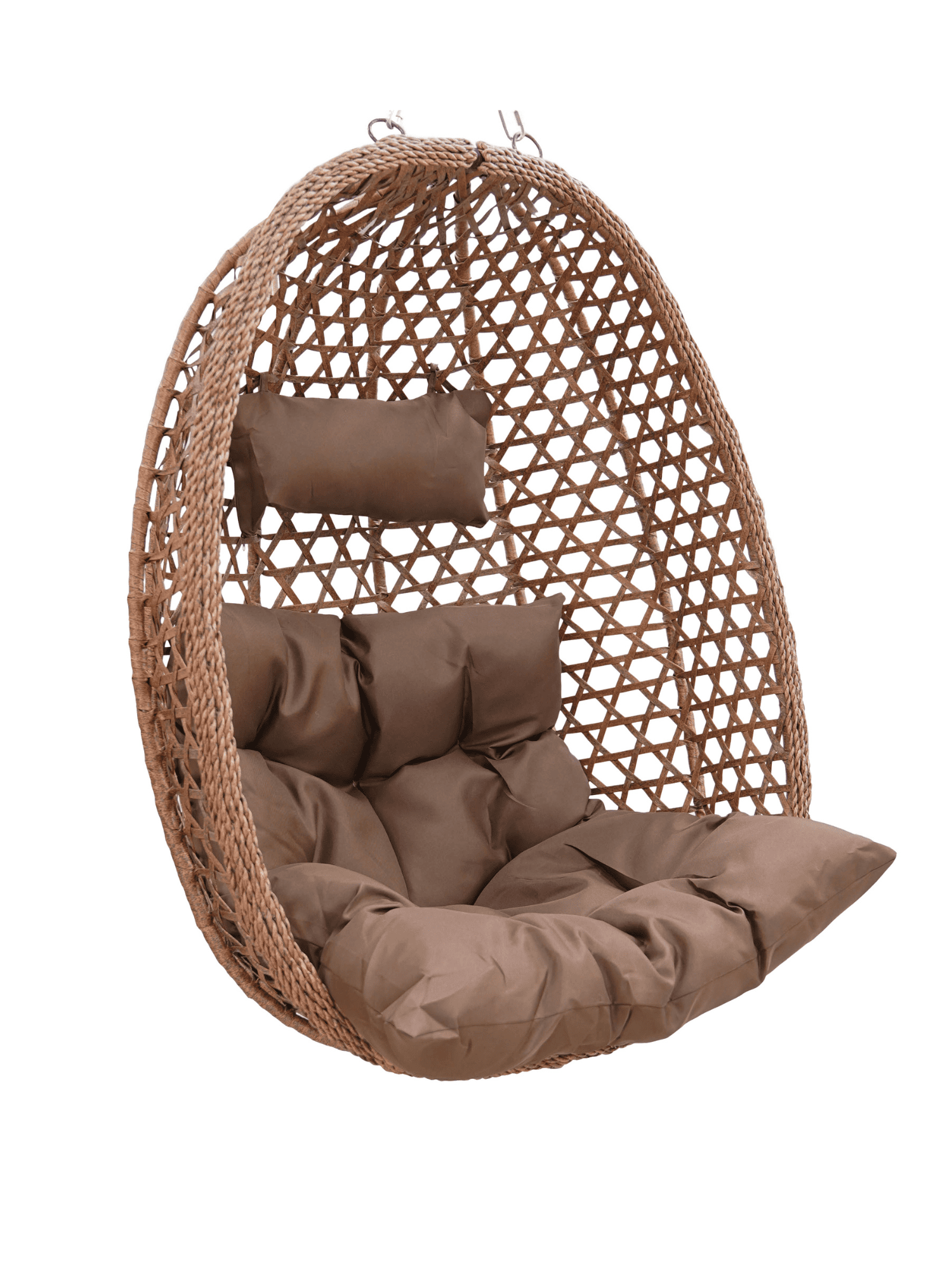 Relaxing hanging egg chair with cushions, perfect for outdoor or indoor lounging.