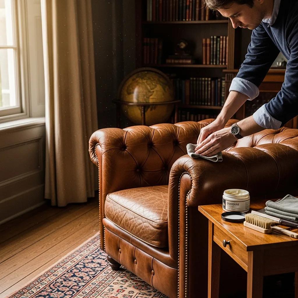 Person cleaning a leather bespoke armchair, emphasizing care and maintenance practices