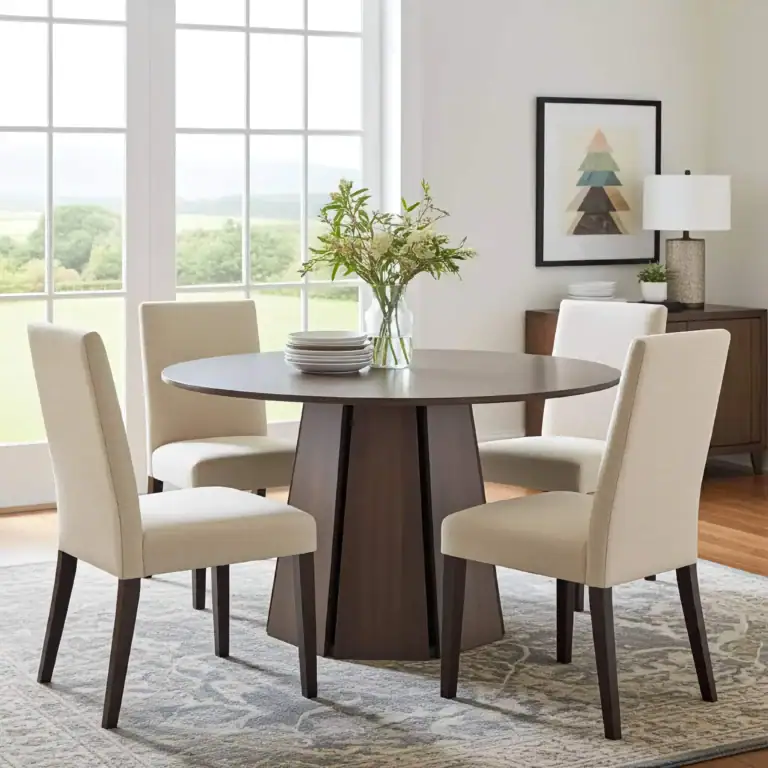 Round dining table with four upholstered chairs in a bright, modern room.