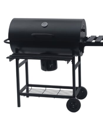 Grill barbecue with lid and side shelf for outdoor cooking and grilling.