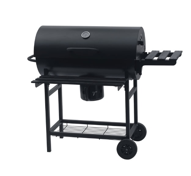 Grill barbecue with lid and side shelf for outdoor cooking and grilling.