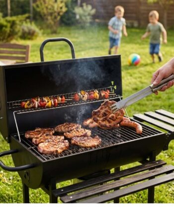 Grill with meat and vegetables being cooked outdoors in a garden setting.