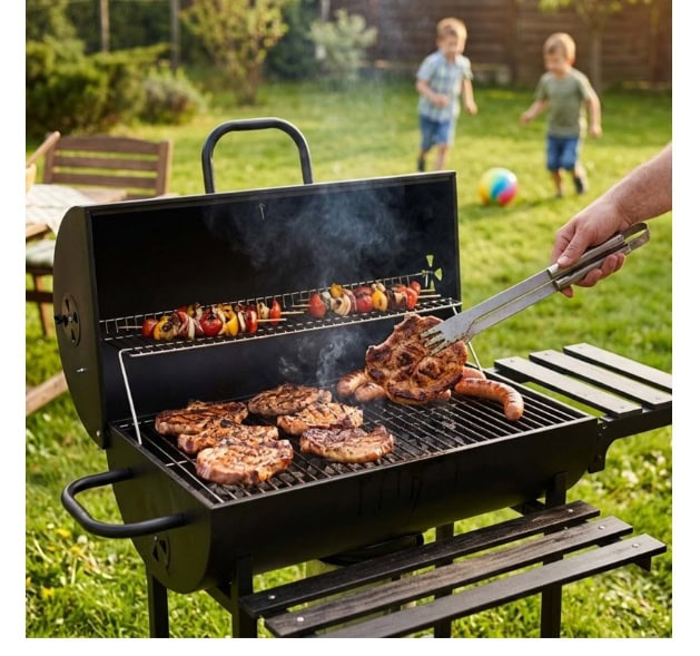 Grill with meat and vegetables being cooked outdoors in a garden setting.