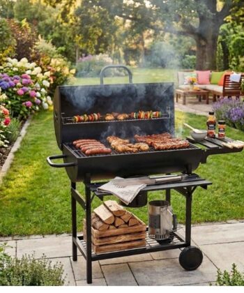 Grill with sausages and steaks in a garden setting, perfect for outdoor cooking and summer barbecues.